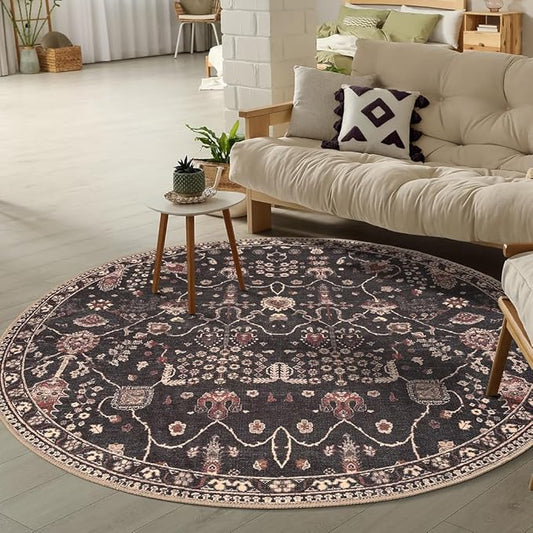 GLN Rugs Bohemian Collection - Machine Washable Area Rug, Bohemian Vintage, Non Slip, Low Pile Chenille Rug, Living Room, Bedroom, Bathroom Rug (5'3" Round Black)