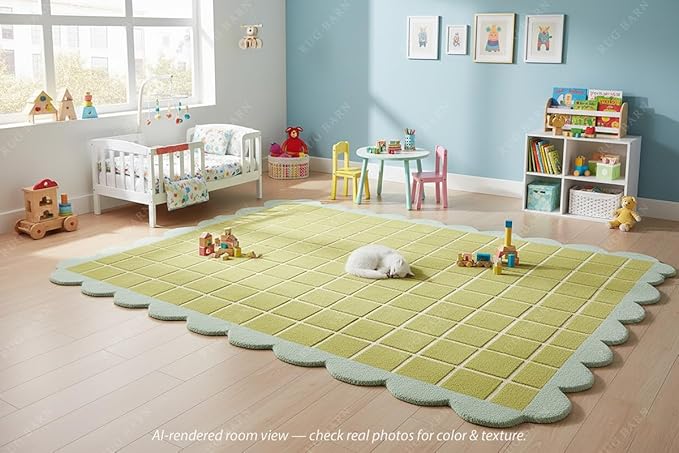 Checkered Wool Area Rug with Scalloped Border, Chartreuse Green & Cream Grid, Hand-Tufted, Soft Cut Pile, Modern Cottagecore Living Room, Bedroom & Nursery Carpet - 5x7 Ft
