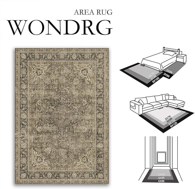 3x8 Washable Brown Runner Rug Vintage Hallway Kitchen Carpet Non-Slip Soft Low Pile Distressed Throw Rug for Bedroom Bathroom Laundry Living Room