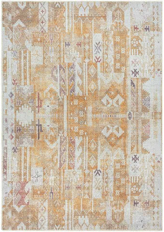 GLN Rugs Bohemian Collection - Machine Washable Area Rug, Bohemian Vintage, Non Slip, Low Pile Chenille Rug, Living Room, Bedroom, Bathroom Rug (7'10"x10' Yellow)
