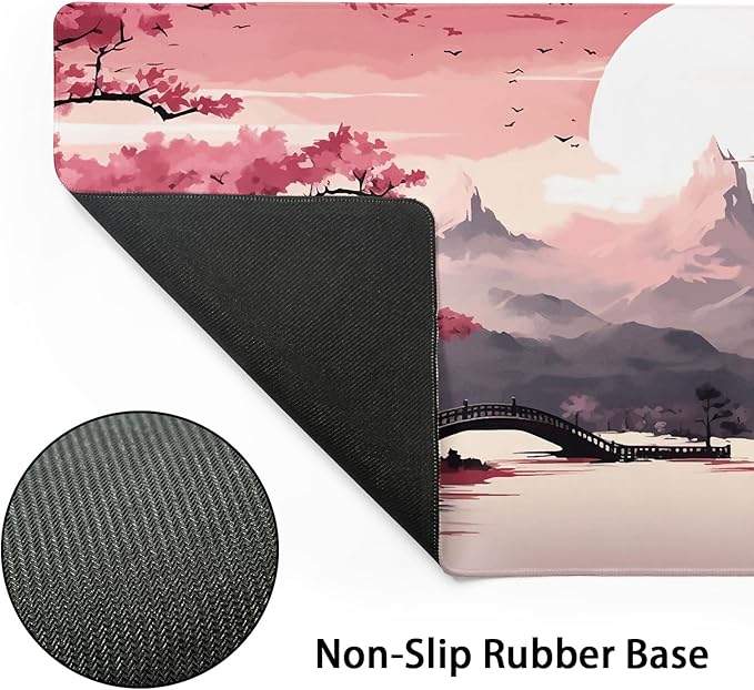 Pink Japanese Sakura Gaming Mouse Pad Extended 3XL Cherry Blossom Tower Mountain Landscape Large Desk Mat Big Mousepad Non-Slip Rubber Base Stitched Edge Long Desk Pad for Gamer,47.2x23.6in,120x60cm