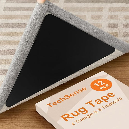 Rug Pads Grippers for Large Rugs, 12 PCS (4 Triangle & 8 Trapezoid) Non Slip Carpet Grippers Anti Curling Washable Reusable PU Pads for Corners & Edges on Hardwood Floors, Black