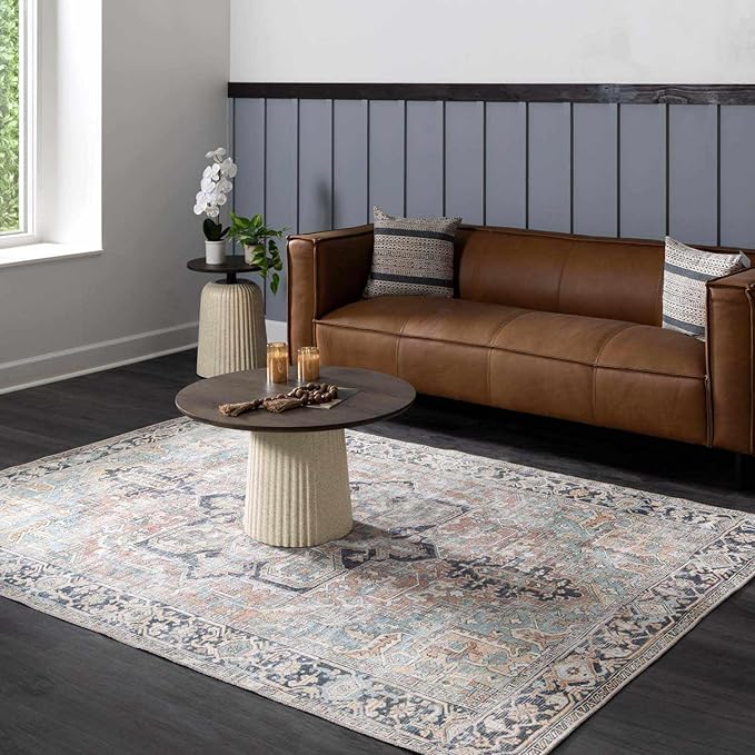 Hauteloom Nyx Vintage Distressed Faded Area Rug - Oriental Bohemian Turkish Floral Carpet - Machine Washable Rug - Stain Resistant - Pet Friendly - Brown, Sage, Olive, Green - 5'3" x 7' (5x7)