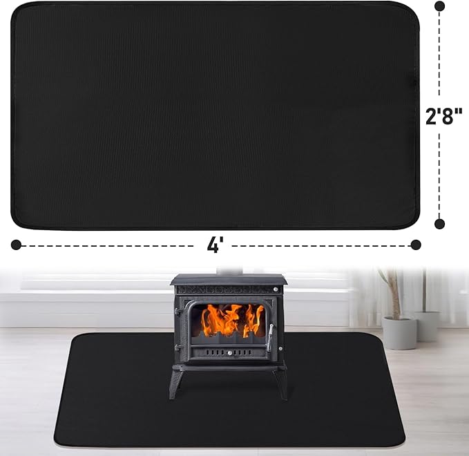 Fireplace Mat, 2'8'' x 4' x 0.04'' Fireplace Rug, Hearth Rug for Wood Stove Fireplace Indoor Outdoor, Thin Fireplace Rugs Fire Resistant Protects Floors Carpets from Sparks Embers, Black