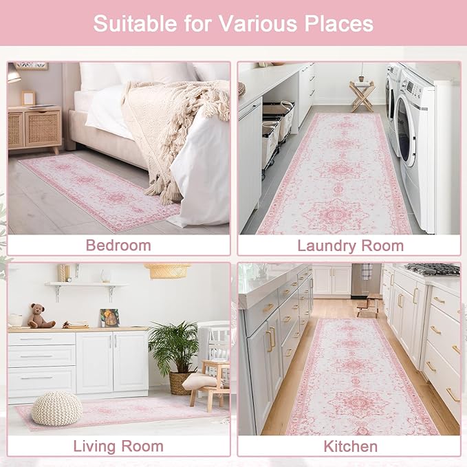 Hallway Runner Rug, 2x6 Washable Pink Area Rug, Honeycomb Non Slip Kitchen Runner Rugs, Soft Faux Wool Carpet for Hallways Entryway Kitchen Laundry Bedroom