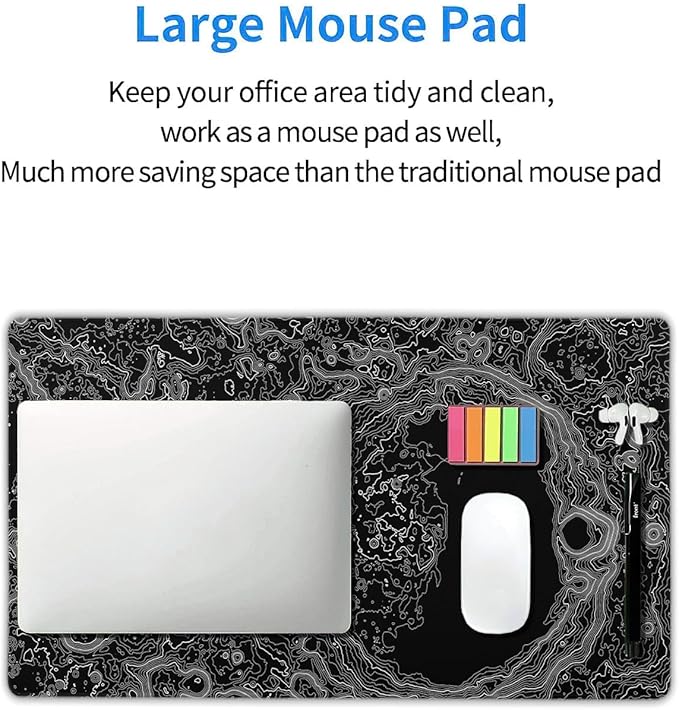 Black Whtie Topographic Gaming Mouse Pad XL Topo Moon Relief Map Extended Large Mat Mousepad Desk Pad Non-Slip Rubber Base Stitched Edge Long Keyboard Playmat for Desk Computer,24x14 Inch