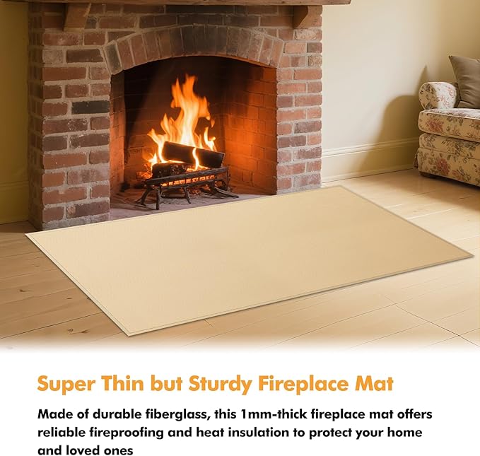 Hearth Rugs for Fireplaces Fire Resistant, 48 x 28 x 0.04 inch Fireproof Fireplace Mat Hearth Rug, Hearth Pads for Wood Stove Fireplace Indoor Outdoor, Protect Floors Carpets from Sparks Embers-Khaki