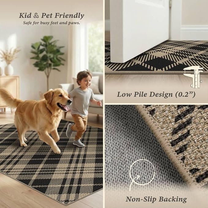 JTJ Black and White Indoor Entrance Rugs 2x3 - Easy Jute Woven Accent Rug for Indoor Area, Kitchen, Bedroom, Washable Low Pile Vintage Classic Decor