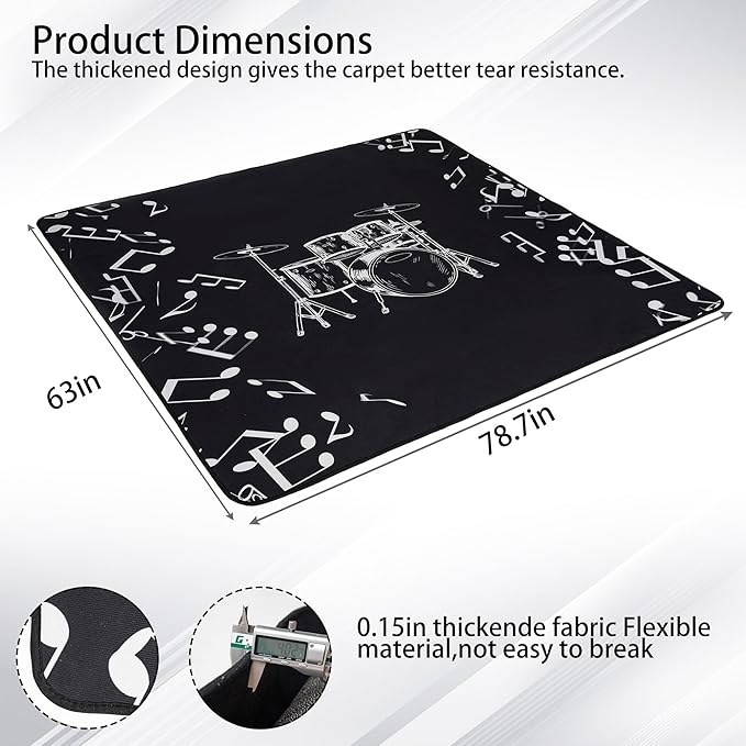 5.3Ft x 6.6Ft Drum Mat Drum Carpet Tightly Woven Fabric with Non-Slip Grip Bottom Drum Rug for Bedroom, Studio, Apartment, Soundproof, Roll of 35 Square Feet (White Drum Stand)