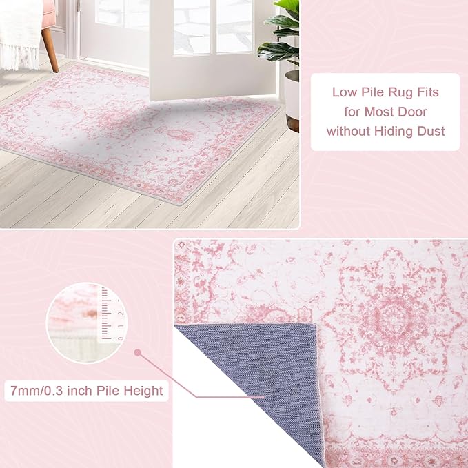 Hallway Runner Rug, 2x6 Washable Pink Area Rug, Honeycomb Non Slip Kitchen Runner Rugs, Soft Faux Wool Carpet for Hallways Entryway Kitchen Laundry Bedroom
