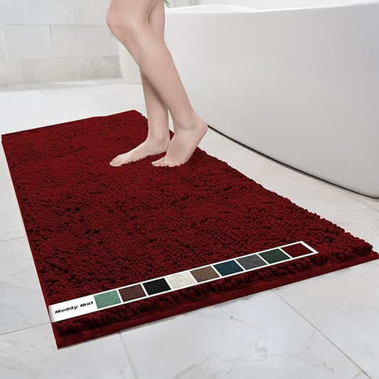 Muddy Mat® | Chenille Bathroom Rugs Quick Dry Microfiber Mats Non Slip Washable, Extra Thick, Soft and Highly Absorbent Bath Mats for Bathroom, Kitchen, and Shower Floor - Red 36"x60"