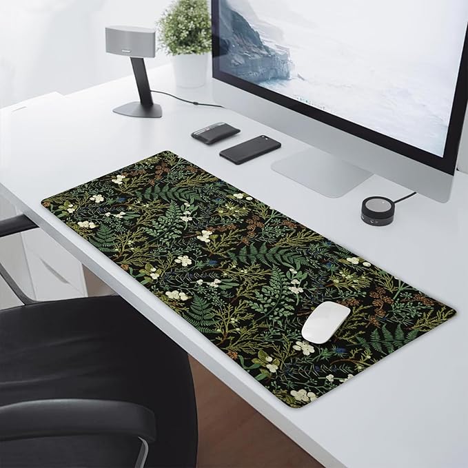 Black Aesthetic Vintage Botanical Gaming Mouse Pad Large XL Cute Forest Green Plant Nature Floral Extended Large Big Mousepad Non-Slip Stitched Edge Long Mat for Desk Computer,24x14 Inch,60x35 CM