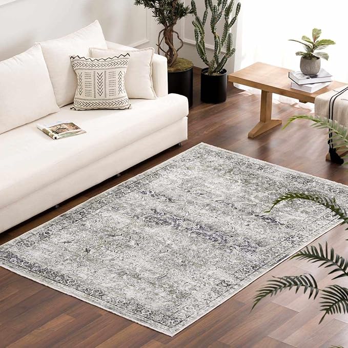 Hauteloom Arista Bohemian Vintage Medallion Area Rug - Farmhouse Oriental Carpet for Living Room, Bedroom - Machine Washable - Gray - 6'7" x 9'