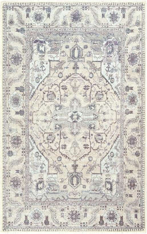 GLN Rugs Bohemian Collection - Machine Washable Area Rug, Bohemian Vintage, Non Slip, Low Pile Chenille Rug, Living Room, Bedroom, Bathroom Rug (2'x3' Beige and Gray)