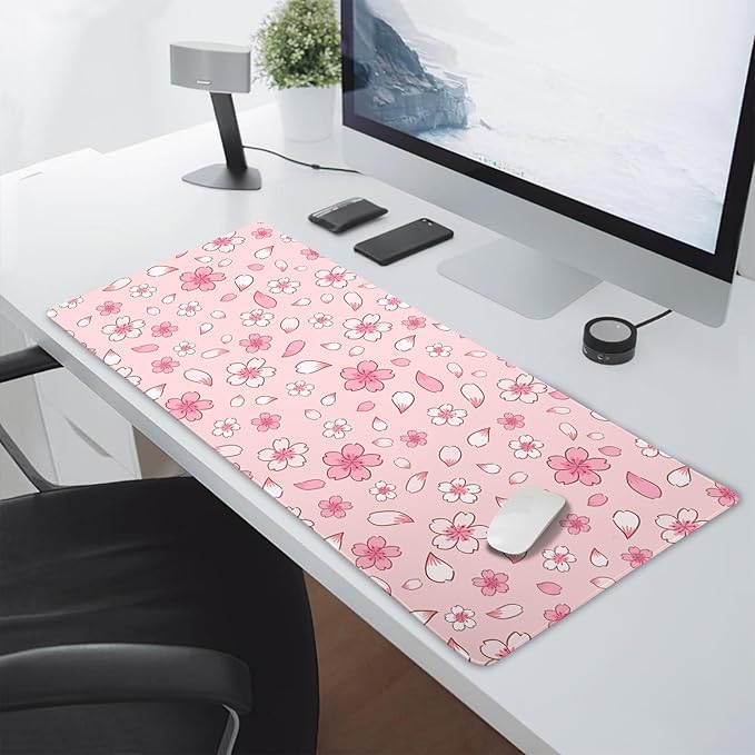 Pink Cherry Blossom Gaming Mouse Pad Extended 3XL Cute Anime Aesthetics Floral Kawaii Flower Large Mousepad Non-Slip Rubber Base Stitched Edge Long Keyboard Desk Mat for Computer,47.2x23.6 In,120x60cm