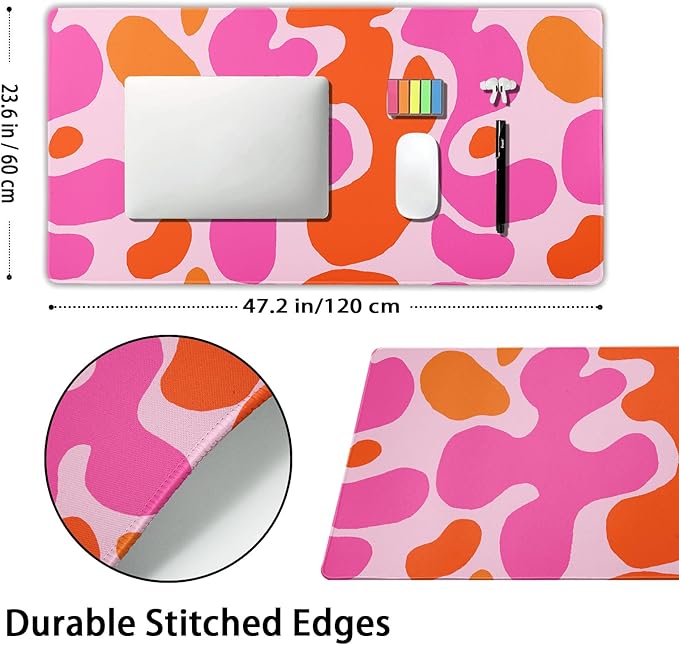 Pink Orange Cute Gaming Mouse Pad Extended 3XL Kawani Preppy Abstract Modern Geographic Large Desk Mat Mousepad Non-Slip Rubber Base Stitched Edge Long Desk Pad for Desktop Office PC,47.2x23.6 Inch