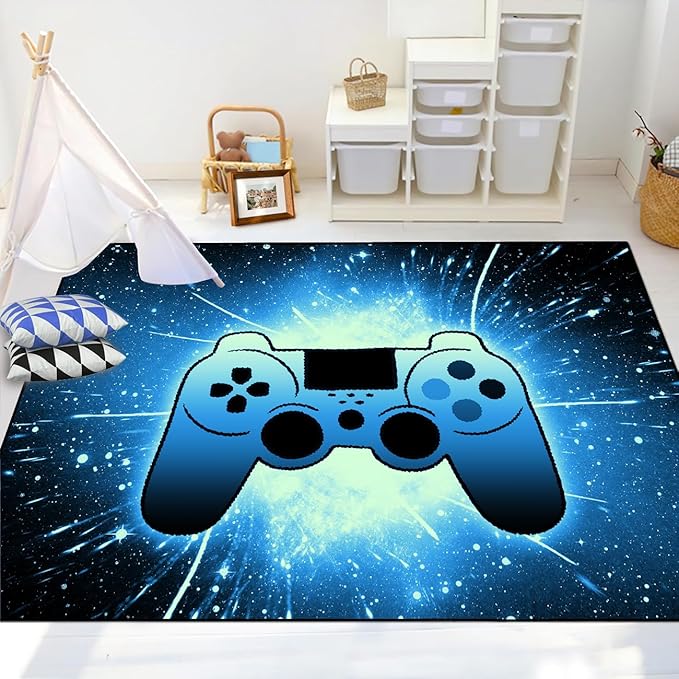 Gaming Rug for Gamer Game Room Boys Gamer Theme Carpets, Blue Galaxy Game Loading Gamepad Printed Floor Rugs for Bedroom Living Room Mat Sofa Mats,4'×5'