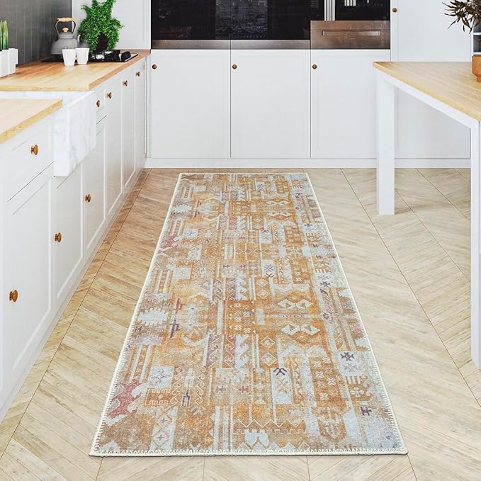 GLN Rugs Bohemian Collection - Machine Washable Area Rug, Bohemian Vintage, Non Slip, Low Pile Chenille Rug, Living Room, Bedroom, Bathroom Rug (2'6"x10' Yellow)