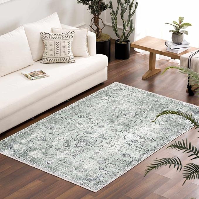 Hauteloom Carwyn Bohemian Vintage Medallion Area Rug - Farmhouse Oriental Carpet for Living Room, Bedroom - Machine Washable- Olive, Dark Green - 6'7" x 9'