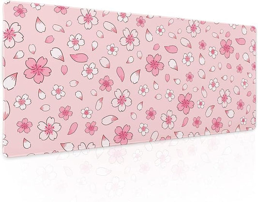 Pink Cherry Blossom Gaming Mouse Pad XL Cute Anime Aesthetics Floral Extended Kawaii Flowers Large Mousepad Non-Slip Rubber Base Stitched Edge Long Keyboard Desk Mat for Computer,31.5×11.8 Inch
