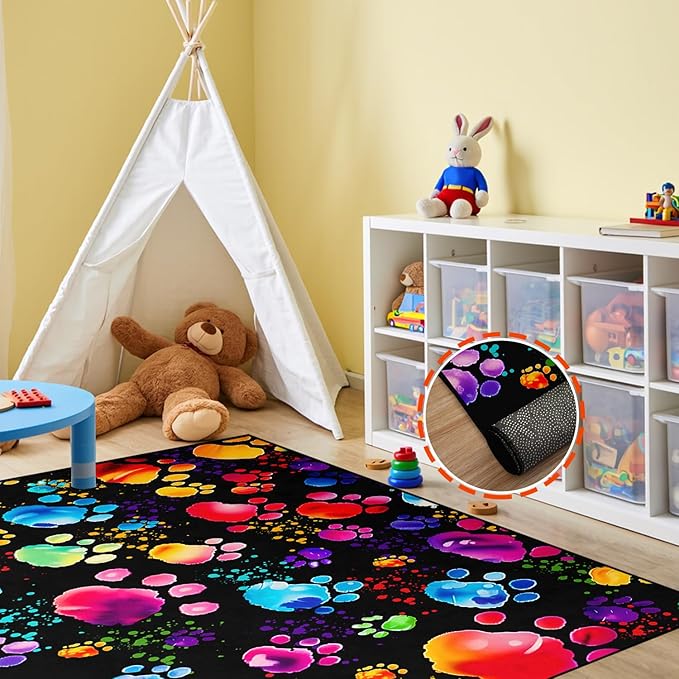 Paw Print Rug - Cute Colorful Dog Cat Paw Print Rugs Cartoon Animal Claw Carpet for Kids Bedroom Cute Animal Paw Themed Decorative Carpet for Playroom Soft Decor for Classroom,3'×5'