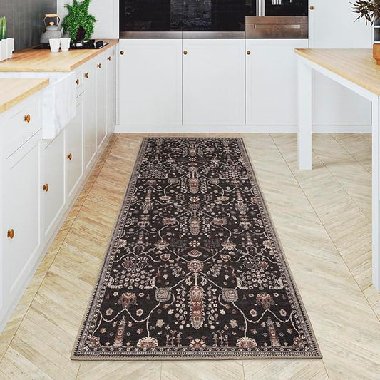 GLN Rugs Bohemian Collection - Machine Washable Area Rug, Bohemian Vintage, Non Slip, Low Pile Chenille Rug, Living Room, Bedroom, Bathroom Rug (2'6"x7' Black)