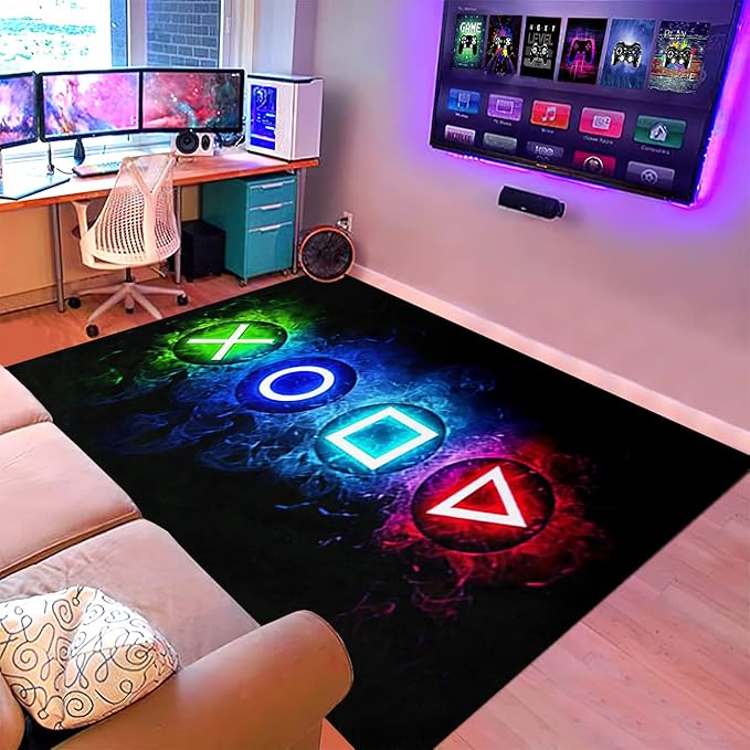 Video Game Rug - Gaming Rug for Boys Room Video Games Bedroom Carpet for Teens Gaming Room Decor Gamer Room Decor for Boys Gamer Carpet for Kids Bedroom,Black