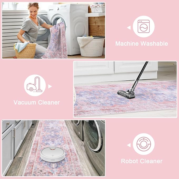 2x3 Entryway Rug, Honeycomb Non Slip Indoor Door Mat, Washable Small Area Rug, Vintage Floral Pink Rug for Bedroom Kitchen Entryway Bathroom