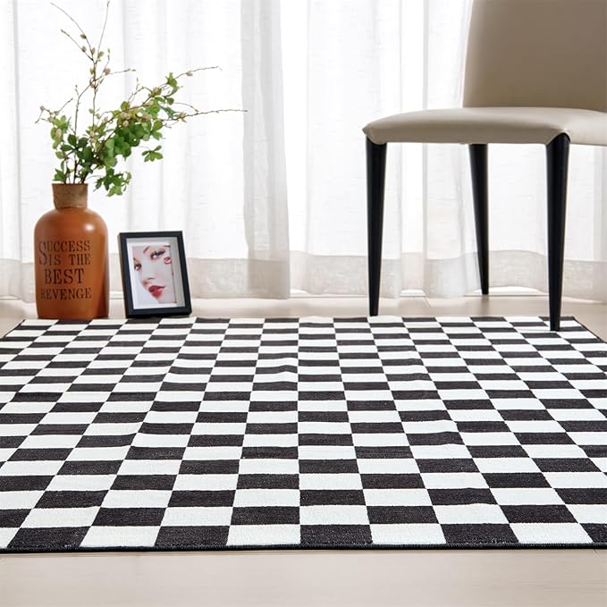 Retro Checkerboard 4x6 Entryway Rugs Non Slip Indoor Geometry Carpet Washable, Ultra Thin Boho Black and White Cute Vintage Aesthetic Funky Throw Rugs for Kitchen Bedroom Living Room