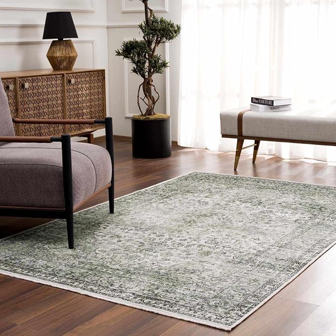 Hauteloom Cristy Bohemian Vintage Medallion Area Rug - Farmhouse Oriental Carpet for Living Room, Bedroom - Machine Washable- Cream, Olive - 5' x 7'6"