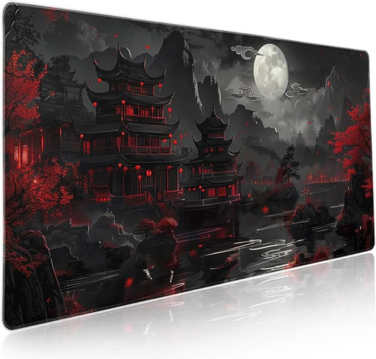 Full Moon Night Gaming Mouse Pad XXL Black Red Mountain Japanese Extended Large Mat Mousepad Desk Pad Non-Slip Rubber Base Stitched Edge Keyboard Pad Playmat for Computer,35.4×15.7 Inch