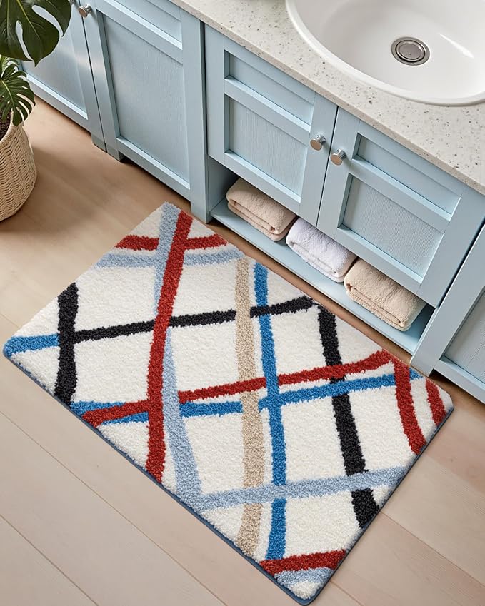 DEXI Striped Bath Mats for Bathroom 36x24, Washable Absorbent Bathroom Rugs with Non Slip Backing, Extra Soft Plush Microfiber Shower Rugs for Tub, Floor, Sink, Colorful