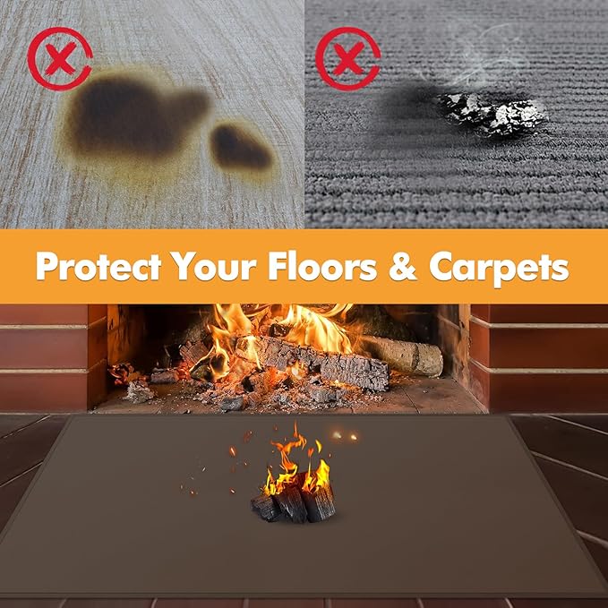 Hearth Rugs for Fireplaces Fire Resistant, 59 x 32 x 0.04 inch Fireproof Fireplace Mat Hearth Rug, Hearth Pads for Wood Stove Fireplace Indoor Outdoor, Protect Floors Carpets from Sparks Embers-Brown