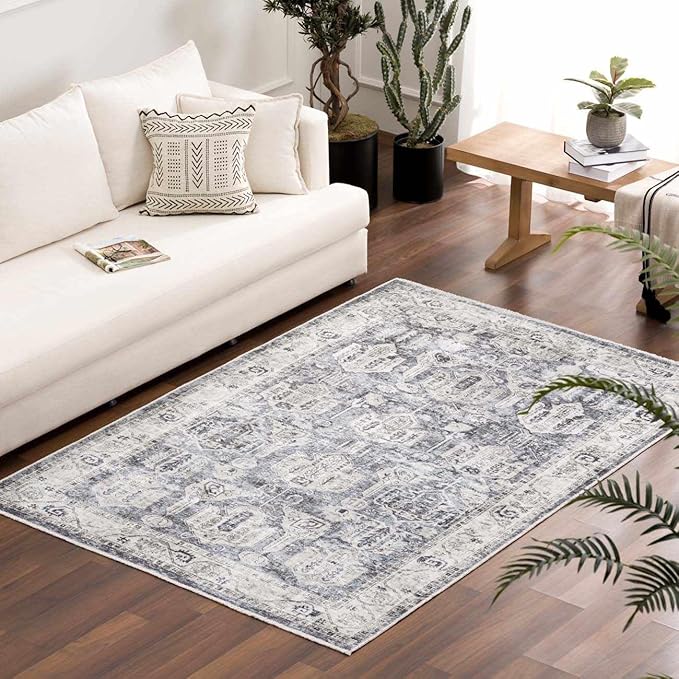 Hauteloom Carnig Bohemian Vintage Medallion Area Rug - Farmhouse Oriental Carpet for Living Room, Bedroom - Machine Washable- Off White, Dusty Blue, Charcoal - 6'7" x 9'