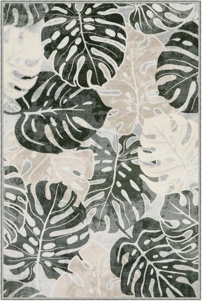 Wonnitar 2x3 Leaf Entryway Rug, Washable Small Indoor Rug for Front Door Entry, Non-Slip Tropical Monstera Kitchen Carpet Soft Low Pile Bath Mats for Bedroom Bathroom, Dark Jungle Green