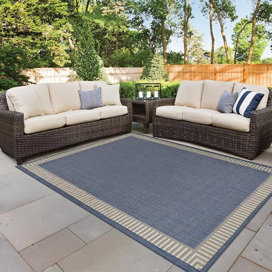 Couristan Recife Indoor Outdoor Rug - Wicker Stitch 6'2" x 9'2" Rectangle in Ivory and Blue, Hose Washable, Low Pile, Pet- Kid Friendly Home Decor for Living Room, Patio Furniture Set, Kitchen