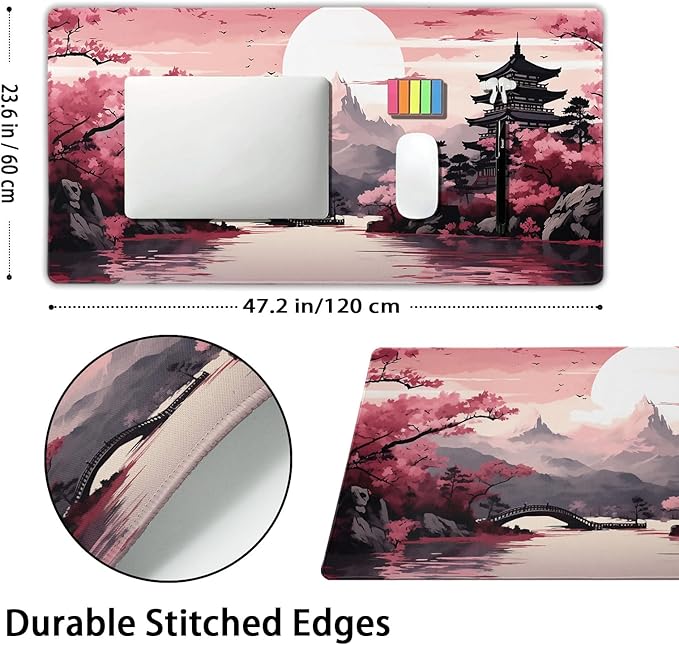 Pink Japanese Sakura Gaming Mouse Pad Extended 3XL Cherry Blossom Tower Mountain Landscape Large Desk Mat Big Mousepad Non-Slip Rubber Base Stitched Edge Long Desk Pad for Gamer,47.2x23.6in,120x60cm
