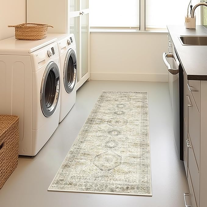 2x5 Rug Runner Washable for Entryway, Soft Bathroom Rugs with Non-Slop Backing, Abstract Low Pile Hallway Runner, Vintage Small Kitchen Carpet for Stair, Laundry Room(2'x5', Grey/Yellow)