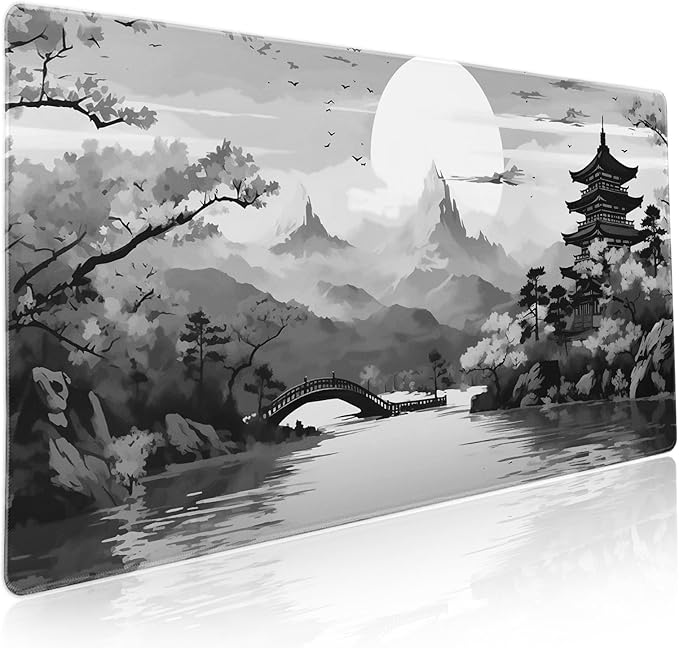 Black Gray Japanese Sakura Gaming Mouse Pad Grey White Cherry Blossom Tower Mountain Aesthetic Extended Large Desk Mat Mousepad Non-Slip Rubber Base Stitched Edge Desk Pad for Desktop,35.4 x 15.7 in