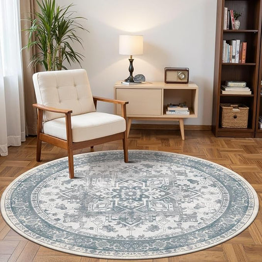4ft Circle Rug, Soft Round Boho Rug, Washable Non Slip Area Rug for Living Room, Bedroom, Dining Room, Entryway, Round Rugs for Home, Patio, Office, Kids Room, Coral(Blue&Grey)