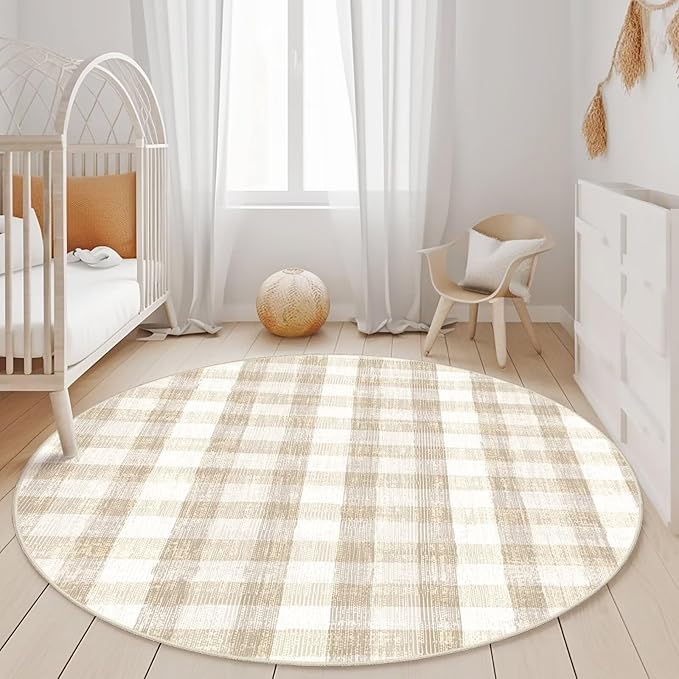 COLORPAPA Checkered Area Rug 4 Ft, Washable Round Rugs for Living Room, Modern Neutral Non Slip Indoor Carpet for Bedroom Office Patio Dining Room (Beige)