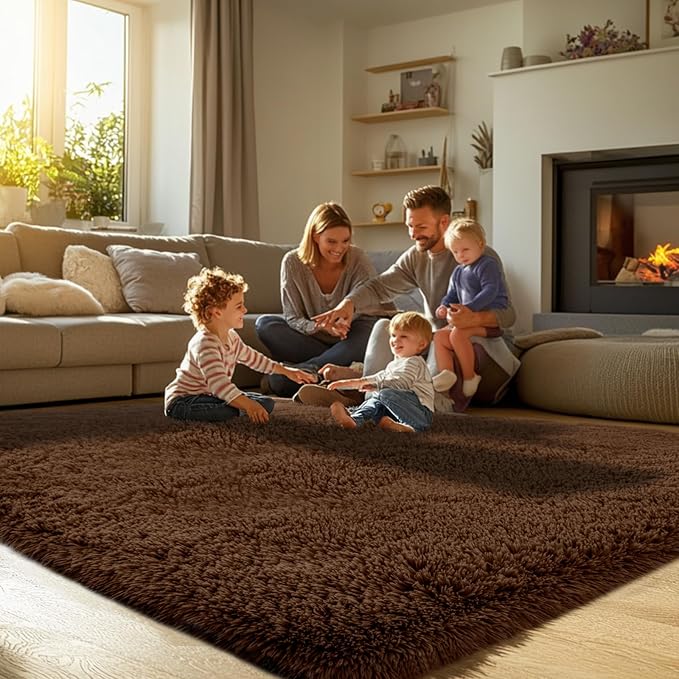 Shag Rugs for Living Room 9x12: 9x12 Shag Area Rugs for Living Room- Large Soft Brown Rugs for Bedroom- Fuzzy Plush Modern Carpets for Kids Room (Brown)