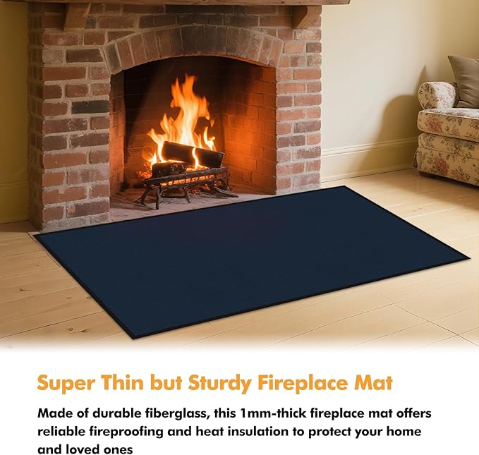 Hearth Rugs for Fireplaces Fire Resistant, 48 x 28 x 0.04 inch Fireproof Fireplace Mat Hearth Rug, Hearth Pads for Wood Stove Fireplace Indoor Outdoor, Protect Floors Carpets from Sparks Embers-Blue