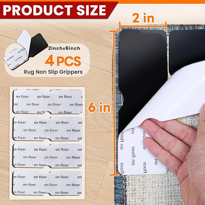 Rug Non Slip Grippers, Reusable Rug Tape Pads for Hardwood Floors, Laminate Floor, Tiles, No Residue on Flooring, Strong Adhesive Carpet Tape for Area Rugs, Keep Corners Flat (4)