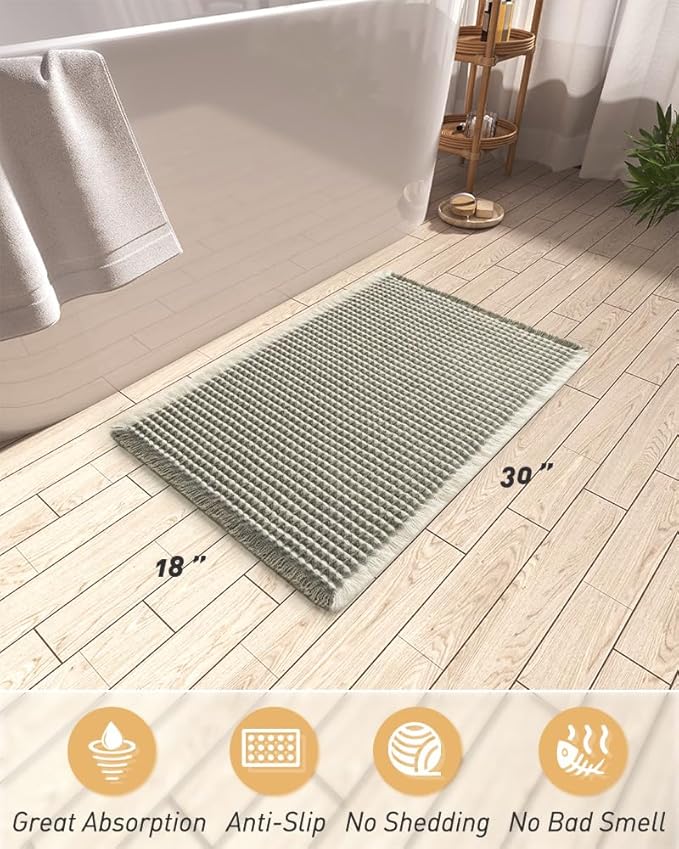 AMOAMI Upgraded Waffle Bath Mat, Super Absorbent Non Slip Bath Mats for Bathroom Floor, Machine Washable Bathroom Rugs with Tassels, Rubber Backed Bathroom Mats, Ultra Soft, 18" x 30", Green & Cream