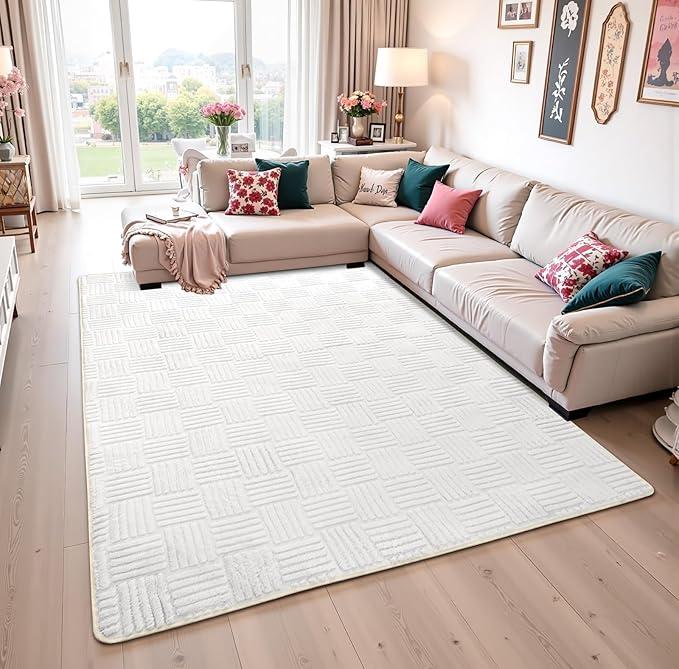 5x7 White Washable Shag Area Rug for Girls Bedroom, Modern Geometric Non Slip Living Room Rugs, Fluffy Soft Thick Carpet for Kids Room, Dorm, Office, and Home Decor
