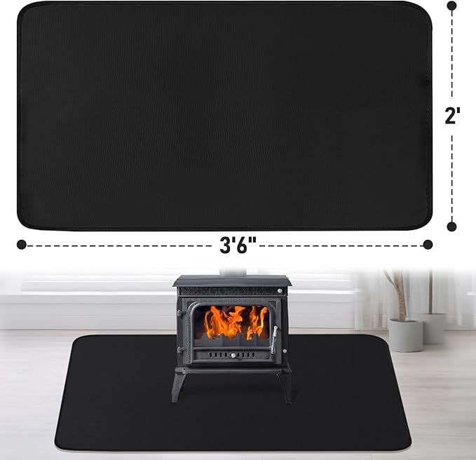 Fireplace Mat, 2' x 3'6'' x 0.04'' Fireplace Rug, Hearth Rug for Wood Stove Fireplace Indoor Outdoor, Thin Fireplace Rugs Fire Resistant Protects Floors Carpets from Sparks Embers, Black