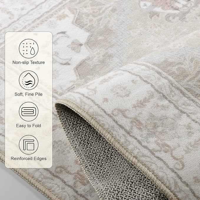 Area Rugs 5x7, Washable Rugs for Living Room, Non-Slip Rug, Boho Medallion Rug, Distressed Carpet, Low Pile Boho Rugs for Bedroom Dining Room