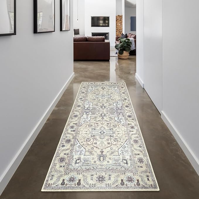 GLN Rugs Bohemian Collection - Machine Washable Area Rug, Bohemian Vintage, Non Slip, Low Pile Chenille Rug, Living Room, Bedroom, Bathroom Rug (2'6"x7' Beige and Gray)