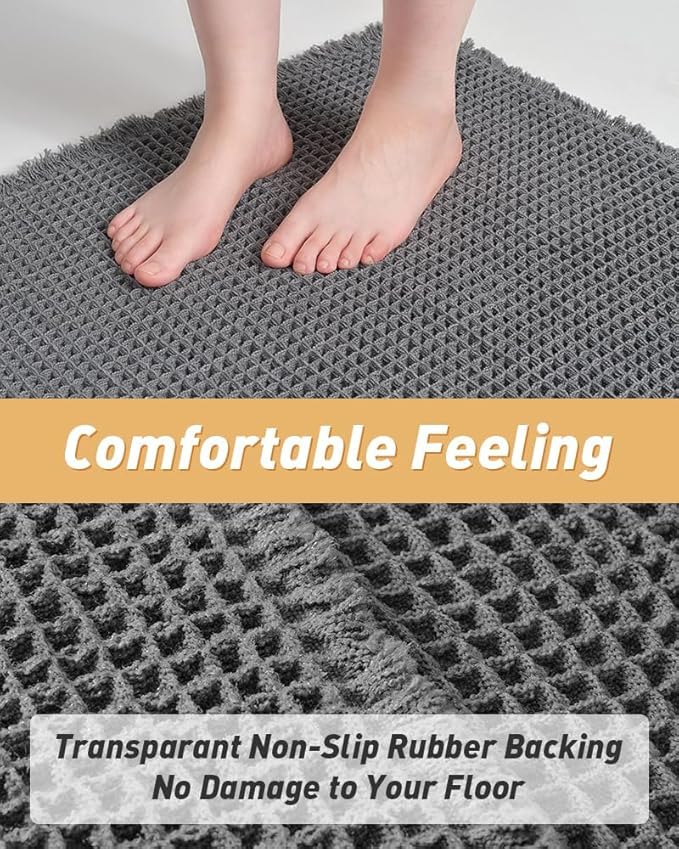 Upgraded Waffle Runner Rug, Super Absorbent Non Slip Bath Mats for Bathroom Floor, Washable Bathroom Runner Rug with Tassels, Ideal for Hallway Bedroom Laundry Room, Dark Grey, 2'x 6'(24" x 72")